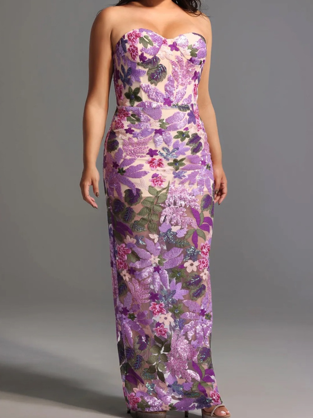 Strapless Floral Sequin Evening Gown in Lavender